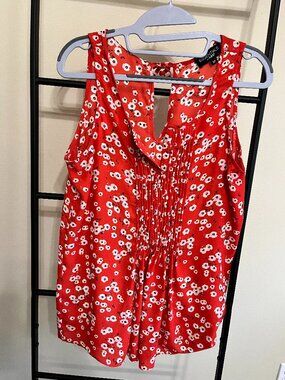 Essentials by ABS Red Floral Pleated Sleeveless Top S
